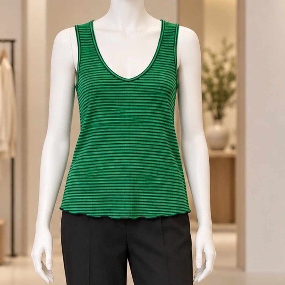 Michael Stars Womens Tank Top Green Black Striped Ribbed V-Neck OS